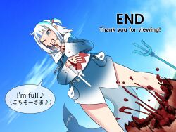 1boy 1girl :q animal_hood beach blood blood_on_clothes blood_on_face blood_on_hands blood_on_penis blue_eyes blue_hair blue_hoodie blue_sky blush cannibalism castration censored commentary_request day dutch_angle eating english_text ero_guro fins fish_skeleton_print fish_tail gawr_gura gawr_gura_(1st_costume) grey_hair guro hair_ornament hetero highres hololive hololive_english hood hood_down hoodie long_sleeves mixed-language_text mosaic_censoring multicolored_hair multilingual_text one_eye_closed one_side_up outdoors penis polearm pov severed_penis shark_girl shark_hair_ornament shark_hood shark_tail short_hair sky smile streaked_hair tail testicles the_end_(phrase) tongue tongue_out trident virtual_youtuber weapon yuuki_takara