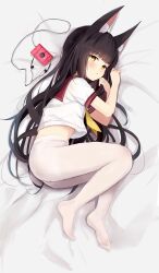 1girl absurdres animal_ears azur_lane black_hair fox_ears fox_girl hamiro highres long_hair lying nagato_(azur_lane) on_side pantyhose school_uniform serafuku solo white_pantyhose