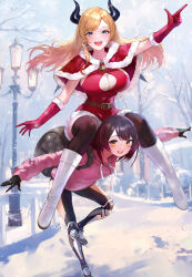 2girls :d alternate_costume backpack bag bare_tree belt black_horns black_thighhighs blonde_hair blue_eyes blush boots breasts brown_belt brown_hair camouflage camouflage_hoodie capelet carrying carrying_person cleavage_cutout clothing_cutout commentary_request demon_girl demon_horns dress elbow_gloves floating_hair fur-trimmed_capelet fur-trimmed_dress fur-trimmed_gloves fur_trim gloves highres hololive hood hoodie horn_ornament horn_ring horns knee_boots lamppost large_breasts long_hair long_sleeves looking_at_viewer maro2ki3 mechanical_legs multicolored_hair multiple_girls official_alternate_costume open_mouth outdoors outstretched_arms pink_hair pink_hoodie pointing pointy_ears red_capelet red_dress red_gloves roboco-san roboco-san_(hoodie) santa_costume santa_dress short_hair shoulder_carry smile snow spread_arms standing standing_on_one_leg star_(symbol) streaked_hair swept_bangs teeth thighhighs thighhighs_under_boots tongue tree upper_teeth_only virtual_youtuber white_footwear yellow_eyes yuzuki_choco