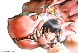 Rule 34 | black hair, bly mead, brown eyes, close-up, digimon, digimon (creature), dinosaur, dragon, earrings, growmon, highres, jewelry, red scales, sharp teeth, short hair, simple background, teeth, white background, yellow eyes