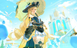 1girl absurdres armpit_crease balloon bare_shoulders bird black_collar black_gloves black_hat black_overskirt black_sleeves blonde_hair blue_bow blue_corset blue_eyes blue_flower blue_rose blue_sky blush boots bow breasts chest_jewel cloud cloudy_sky collar commentary corset cowboy_shot detached_collar detached_sleeves dress drill_hair drill_sidelocks elbow_gloves flower fountain from_below genshin_impact geo_symbol_(genshin_impact) gloves gold_ring hat hat_feather high-low_dress highres holding holding_umbrella layered_dress long_hair looking_at_viewer medium_breasts navia_(genshin_impact) open_mouth outdoors overskirt rose ship&#039;s_wheel_ornament shorts shorts_under_skirt sidelocks single_elbow_glove skirt sky solo sparkle standing strapless strapless_dress teeth thigh_boots thighs too_many too_many_birds twitter_username umbrella upper_teeth_only very_long_hair vision_(genshin_impact) white_bird white_shorts xiisalt yellow_bow yellow_flower yellow_rose yellow_skirt yellow_umbrella