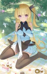 1girl bare_shoulders black_thighhighs blonde_hair blue_dress blue_gloves cake cake_slice commentary_request cupcake donut dress elbow_gloves flower food gloves grass hair_ornament highres hime_cut long_hair looking_at_viewer original picnic picnic_blanket plate purple_eyes sitting solo tea thighhighs very_long_hair wariza wlswlp