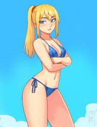 1girl absurdres arms_under_breasts artist_logo artist_name bare_arms bare_legs bare_shoulders bikini blonde_hair blue_bikini blue_eyes blush breasts collarbone commentary cowboy_shot frown groin highres logo long_hair looking_at_viewer medium_breasts metroid navel nintendo ponytail samus_aran side-tie_bikini_bottom simple_background solo swimsuit thighs watcher_hollow