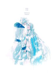 1boy 1girl anastasia_(fate) belt black_belt blue_cloak brown_hairband cloak closed_eyes dress easel_(dam0628) fate/grand_order fate_(series) fur_trim hair_over_one_eye hairband highres holding_hands jacket jewelry kadoc_zemlupus korean_text long_hair long_sleeves pants pendant royal_robe simple_background smile snowing spoilers translated very_long_hair white_background white_dress white_hair white_jacket white_pants