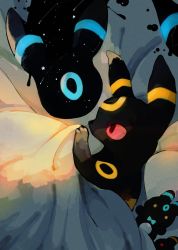 alternate_color bed bed_sheet black_fur commentary_request from_side gen_2_pokemon highres lil nintendo no_humans pokemon pokemon_(creature) red_eyes shiny_and_normal shiny_pokemon stuffed_toy umbreon under_covers yellow_fur