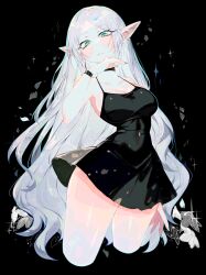 1girl arm_at_side bare_arms bare_shoulders black_background black_choker black_dress black_nails blush bracelet breasts choker cleavage closed_mouth commentary covered_navel cropped_legs dress ear_piercing earrings elf falling_petals frieren frown green_eyes grey_hair hand_on_own_chin hand_up highres jewelry large_breasts long_hair looking_at_viewer nail_polish parted_bangs petals piercing pointy_ears short_dress sideboob simple_background sleeveless sleeveless_dress solo sousou_no_frieren spaghetti_strap sparkle standing tassel tassel_earrings usa37107692 very_long_hair wavy_hair white_petals