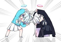 2girls :d plana_(blue_archive) absurdres aqua_eyes aqua_hair arona_(blue_archive) black_coat black_serafuku blue_archive braid chibi coat colored_inner_hair commentary_request dragon_ball dragonball_z full_body fusion_dance grey_eyes hair_ornament hair_over_one_eye halo highres index_finger_raised leaning_to_the_side long_hair long_sleeves looking_at_viewer multicolored_hair multiple_girls open_mouth pleated_skirt pointing school_uniform seno_(senohime) serafuku short_hair sidelocks simple_background single_braid skirt smile standing two-tone_hair white_background white_hair