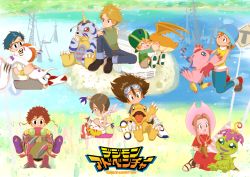 absurdres agumon bug digimon digimon_adventure gabumon gomamon happy highres horn hug ishida_yamato izumi_koshiro kido_jo palmon patamon piyomon plant smile tachikawa_mimi tailmon takaishi_takeru takenouchi_sora tentomon yagami_hikari yagami_taichi