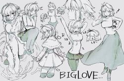 3girls annoyed arcueid_brunestud barefoot blush chibi ciel_(tsukihime) dress hands_on_own_chin highres jewelry looking_at_viewer looking_back looking_to_the_side monochrome multiple_girls musical_note necklace noel_(tsukihime) numuhe pantyhose sitting skirt smile stretching sweat sweater thighhighs tsukihime tsukihime_(remake) turtleneck turtleneck_sweater white_dress