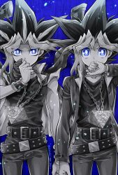 2boys arm_up belt black_belt black_hair black_shirt black_wrist_cuffs blue_background blue_eyes chain chain_necklace chirichiri_ygo clenched_hand clenched_hands colored_bangs covering_own_mouth dual_persona facing_viewer grey_jacket grey_pants hand_up highres holding holding_chain holding_jewelry holding_necklace jacket jacket_on_shoulders jewelry looking_at_viewer male_focus millennium_puzzle monochrome multiple_boys muto_yugi necklace open_clothes open_jacket pants parted_bangs partially_colored popped_collar school_uniform shirt shoulder-to-shoulder side-by-side spiked_hair wind wrist_cuffs yami_yugi yu-gi-oh! yu-gi-oh!_duel_monsters