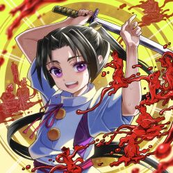 1boy absurdres androgynous black_hair commentary_request highres holding holding_sword holding_weapon houjou_tokiyuki_(nige_jouzu_no_wakagimi) japanese_clothes katana male_focus nige_jouzu_no_wakagimi open_mouth purple_eyes sidelocks_tied_back smile solo sweat sword tsuno_(ikkakusu) upper_body weapon