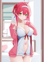 1girl 35p_(sakura_miko) ahoge alternate_costume babydoll bare_shoulders blurry blurry_background blush breasts cleavage closed_mouth clothing_cutout commentary_request green_eyes hairband highres holding holding_phone hololive indoors jacket large_breasts long_hair looking_at_viewer navel navel_cutout nightgown nyan_(reinyan_007) open_clothes open_jacket paid_reward_available panties phone pink_hair pink_jacket red_hair sakura_miko sleepwear smile solo thighs underwear virtual_youtuber white_babydoll white_hairband white_nightgown white_panties