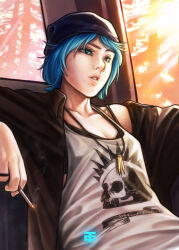 1girl absurdres artist_logo beanie black_hat blue_eyes blue_hair car_interior chloe_price christt cigarette day hat highres holding holding_cigarette jacket jewelry life_is_strange_(series) life_is_strange_1 logo necklace open_clothes open_jacket print_tank_top short_hair sitting skull_print solo tank_top upper_body watermark white_tank_top
