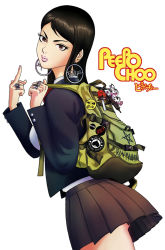 1girl artist_name backpack badge bag bag_charm black_hair blazer brown_eyes brown_hair button_badge buttons chainsaw charm_(object) copyright_name cowboy_shot earrings eddie_the_head eyelashes felipe_smith female_focus from_side gun hoop_earrings iron_maiden_(band) jacket jewelry kawamori_reiko lapel_pin lipstick long_hair long_sleeves machine_gun makeup merchandise middle_finger miniskirt motorhead official_art open_clothes open_jacket pantera_(band) parted_bangs peepo_choo pentagram pin pink_lips pleated_skirt punk ring school_uniform serafuku shirt simple_background skirt skull_and_crossbones slayer_(band) solo spade swept_bangs weapon white_background