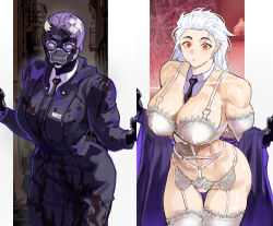 1girl absurdres black_gloves black_necktie blood blood_on_clothes breasts character_name commentary detached_collar dorohedoro ear_piercing gloves highres korean_commentary large_breasts long_hair mask muscular muscular_female necktie noi_(dorohedoro) park_ongjol piercing red_eyes solo white_hair