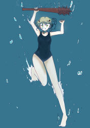 1girl air_bubble barefoot blue_background breasts bubble blowing_bubbles covered_navel diving highres medium_breasts misora_(artist) one-piece_swimsuit oni oni_girl original school_swimsuit short_hair submerged swimsuit underwater water weapon yellow_eyes