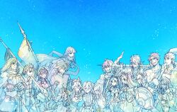 6+boys 6+girls absurdres beowulf_(fate) beret blue_background coat cu_chulainn_(caster)_(fate) cu_chulainn_(fate) cu_chulainn_(fate/prototype) elizabeth_bathory_(brave)_(fate) elizabeth_bathory_(fate) ereshkigal_(fate) euryale_(fate) fang fate/grand_order fate_(series) fedora flag fujimaru_ritsuka_(female) fujimaru_ritsuka_(female)_(polar_chaldea_uniform) georgios_(fate) glasses hair_over_one_eye hat helena_blavatsky_(fate) highres holding holding_flag holding_polearm holding_weapon horns ibaraki_douji_(fate) jeanne_d&#039;arc_(fate) jeanne_d&#039;arc_(ruler)_(fate) laughing li_shuwen_(fate) li_shuwen_(young)_(fate) masaki_(star8moon) mash_kyrielight merlin_(fate) multiple_boys multiple_girls oryou_(fate) over_shoulder pointing polearm sakamoto_ryouma_(fate) scar scar_on_face scarf shield smile spear staff sword tamamo_(fate) tamamo_cat_(fate) tamamo_cat_(third_ascension)_(fate) weapon weapon_over_shoulder