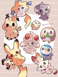 alcremie brown_eyes closed_mouth creatures_(company) espurr evolutionary_line food fruit game_freak gen_1_pokemon gen_2_pokemon gen_3_pokemon gen_4_pokemon gen_6_pokemon gen_7_pokemon gen_8_pokemon hanabusaoekaki highres jirachi legendary_pokemon milcery mimikyu mythical_pokemon nintendo no_humans open_mouth pichu pikachu piplup pokemon pokemon_(creature) rowlet scorbunny smile strawberry