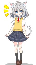 Rule 34 | 1girl, ahoge, animal ear fluff, animal ears, black socks, blue eyes, blue skirt, blush, brown shoes, cat ears, cat girl, cat tail, closed mouth, collared shirt, commentary request, dot nose, full body, grey-haired cat girl (kotatsu-mazoku), grey hair, highres, kotatsu-mazoku, looking at viewer, necktie, notice lines, original, plaid clothes, plaid skirt, pleated skirt, red necktie, school uniform, shirt, shoes, short hair, short sleeves, simple background, skirt, smile, socks, solo, standing, sweater vest, tail, white background, white shirt, yellow sweater vest