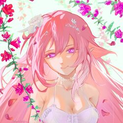 1girl breasts cleavage commentary diamond-shaped_pupils diamond_(shape) dress elf elysia_(herrscher_of_human:_ego)_(honkai_impact) elysia_(honkai_impact) english_commentary falling_petals floral_background flower hair_flower hair_ornament honkai_(series) honkai_impact_3rd kasumi_(hirugao_nya) large_breasts long_hair looking_at_viewer petals pink_flower pink_hair pink_rose pointy_ears purple_eyes rose smile solo symbol-shaped_pupils upper_body very_long_hair white_background white_dress