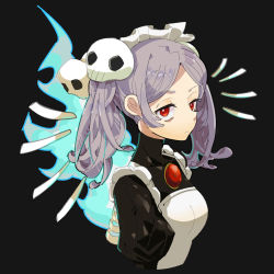 1girl 2017 apron black_background bloody_marie_(skullgirls) brooch fire frilled_apron frills grey_hair hair_ornament half-closed_eyes highres jewelry looking_at_viewer maid_headdress red_eyes skull_hair_ornament skullgirls solo tsukiya_(03212014) twintails