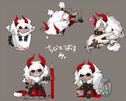 1boy asterios_(fate) black_sclera closed_mouth colored_pencil colored_sclera colored_skin earrings eraser fate/grand_order fate_(series) grey_background grey_skin grin heart holding holding_mini_person horns jewelry long_hair low-tied_long_hair male_focus mini_person miniboy multiple_views pencil pencil_shaving red_horns saint_quartz_(fate) simple_background sitting smile translation_request white_hair yorozumaru_(yorozu1217)