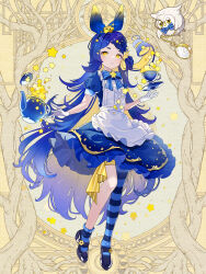 Rule 34 | 1girl, apron, bird, black shoes, blue bow, blue bowtie, blue dress, blue hair, blue pantyhose, blue socks, bow, bowtie, colored inner hair, cup, dairoku ryouhei, dress, fille meruku, full body, gloves, hair bow, hair ornament, highres, long hair, looking at viewer, maid apron, multicolored hair, oomizuao, owl, pantyhose, pocket watch, puffy short sleeves, puffy sleeves, shoes, short sleeves, single leg pantyhose, single sock, socks, solo, standing, star (symbol), star hair ornament, striped leggings, teacup, teapot, thigh strap, two-tone hair, very long hair, watch, white gloves, yellow background, yellow eyes