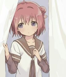 1girl ahoge akaza_akari brown_sailor_collar cropped curtain_grab curtains dress hair_bun layered_sleeves long_sleeves looking_to_the_side nanamori_school_uniform pink_hair purple_eyes red_hair sailor_collar sailor_dress school_uniform serafuku shikou_sakugo_(qqap9gt9k) short_hair short_over_long_sleeves short_sleeves single_hair_bun solo sweatdrop third-party_edit yuruyuri