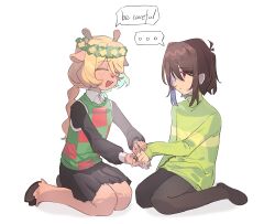 ... 1girl 1other absurdres black_skirt blonde_hair braid brown_hair checkered_clothes checkered_vest closed_eyes closed_mouth commentary deer_girl deltarune english_commentary english_text flower furry furry_female green_sweater green_vest hair_over_one_eye head_wreath highres hooves jewelry kneeling kris_(deltarune) long_sleeves lv_chan_cat medium_hair noelle_holiday open_mouth red_eyes ring sitting skirt spoken_ellipsis striped_clothes striped_sweater sweater turtleneck turtleneck_sweater vest white_background yellow_flower