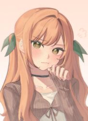 1girl :t black_choker blonde_hair blush brown_cardigan cardigan casual chi_kan100 choker closed_mouth collarbone curled_fingers furrowed_brow gradient_background green_eyes green_ribbon hair_between_eyes hair_intakes hair_ribbon head_tilt inda_karane kimi_no_koto_ga_dai_dai_dai_dai_daisuki_na_100-nin_no_kanojo long_sleeves looking_at_viewer orange_background parted_bangs portrait puff_of_air ribbed_cardigan ribbon shirt sleeves_past_wrists smile solo twirling_hair two_side_up white_background white_shirt