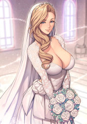 1girl azur_lane blonde_hair blue_eyes bouquet breasts bridal_veil cleavage collarbone dress earrings female_focus flower highres holding holding_bouquet hood_(azur_lane) hood_(rosey_love_poem)_(azur_lane) jewelry lace lace_sleeves large_breasts lips long_hair mature_female necklace oda_non pearl_necklace pillar see-through_clothes solo swept_bangs tiara veil wedding_dress white_dress window