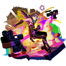 1girl bare_shoulders black_bodysuit black_hair blonde_hair blue_eyes bodysuit boots breasts camera claw_(weapon) colored_inner_hair drone faux_figurine floating frown full_body game_cg girls&#039;_frontline girls&#039;_frontline_neural_cloud gloves highres knee_pads long_hair looking_at_viewer medium_breasts multicolored_bodysuit multicolored_hair nascita_(neural_cloud) official_art onono_imoko purple_bodysuit purple_hair solo straight_hair third-party_source torn_bodysuit torn_clothes transparent_background weapon zipper