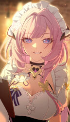 1girl black_choker blue_eyes breasts choker cleavage clipboard commentary_request elysia_(honkai_impact) elysia_(miss_pink)_(honkai_impact) elysia_(miss_pink_elf)_(honkai_impact) flower gloves hair_flower hair_ornament highres holding holding_clipboard honkai_(series) honkai_impact_3rd large_breasts long_hair looking_at_viewer maid_headdress official_alternate_costume parted_lips pink_hair pink_pupils pointy_ears sidelocks smile so_zei_tama_tama solo upper_body white_flower white_gloves