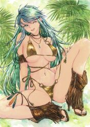 1girl bikini bracelet breasts chikinan_tarou colored_inner_hair crystal_hair earrings fate/grand_order fate_(series) feather_earrings feathers fern gold_bikini green_eyes green_hair highres jewelry kukulkan_(fate) large_breasts long_hair looking_at_viewer multicolored_hair navel_piercing necklace one_eye_closed painting_(medium) piercing sandals smile spread_legs swimsuit tassel thighs traditional_media undressing watercolor_(medium)