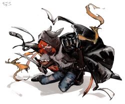 animal_ear_hood arknights black_boots black_jacket black_shorts boots crownslayer_(arknights) dated denim fake_animal_ears fingerless_gloves full_body gloves grey_shirt hair_between_eyes hashtag-only_commentary highres holding holding_knife hood hooded_jacket hyena_ears jacket jeans kneeling knife looking_ahead mask mouth_mask orange_ribbon pants pants_under_shorts pppmepl puffy_short_sleeves puffy_sleeves red_eyes red_hair red_tail ribbon shadow sheath shirt short_shorts short_sleeves shorts signature torn_clothes torn_jeans torn_pants white_background