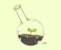 Rule 34 | commentary request, dirt, glass bottle, green background, green theme, highres, leaf, no humans, object focus, original, plant, plant focus, signature, simple background, sprout, still life, yamabuki (haruirokerria)