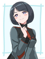 1girl akane_(akaneoekaki0928) asticassia_school_uniform black_hair blue_eyes blush bob_cut breasts closed_mouth green_jacket gundam gundam_gquuuuuux highres jacket large_breasts looking_at_viewer mature_female school_uniform shiiko_sugai short_hair shoulder_boards smile solo upper_body