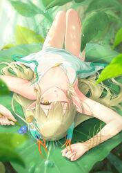 1girl absurdres arknights breasts commentary_request dress elf green_hair highres knees_up long_hair looking_at_viewer muelsyse_(arknights) muelsyse_(young_branch)_(arknights) official_alternate_costume one_eye_closed paid_reward_available parted_lips pointy_ears revision runyo_(yale12312) small_breasts solo upside-down white_dress yellow_eyes
