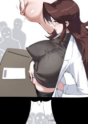Rule 34 | 1girl, absurdres, black shirt, black skirt, blue eyes, breasts, brown hair, clitoral hood, clitoral stimulation, clitoris, clothes pull, coat, conductor baton, covered erect nipples, cowboy shot, curtained hair, dawalixi, from above, from side, furrowed brow, glasses, hand on own hip, highres, lab coat, large breasts, lectern, lipstick, long hair, looking down, makeup, no panties, open clothes, open coat, open mouth, original, paper, profile, pussy, pussy juice, pussy juice trail, red lips, shirt, sidelocks, skirt, skirt pull, solo focus, standing, turtleneck, uncensored, view between legs, white coat, zenra