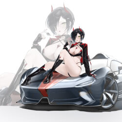 1girl absurdres azur_lane black_bra black_hair black_jacket boots bra breasts car criss-cross_halter hair_over_one_eye halterneck high_heel_boots high_heels highres horns jacket latex latex_bra latex_panties long_hair long_sleeves looking_at_viewer medium_breasts motor_vehicle on_car panties race_queen red_horns short_hair simple_background sitting suo_bu_ye_feng ulrich_von_hutten_(azur_lane) ulrich_von_hutten_(ignition_matrician)_(azur_lane) underwear very_long_hair white_background yellow_eyes zoom_layer