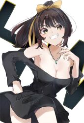 1girl black_dress bow breasts brown_eyes brown_hair cleavage collarbone commentary_request dress grin hair_bow hair_ribbon hand_on_own_hip highres jewelry long_sleeves looking_at_viewer medium_breasts medium_hair off-shoulder_dress off_shoulder pendant ponytail ribbon sasai_tuki simple_background smile solo suzumiya_haruhi suzumiya_haruhi_no_yuuutsu teeth white_background yellow_bow yellow_ribbon