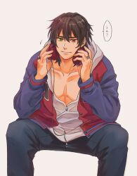 1boy adam&#039;s_apple black_hair blue_jacket closed_mouth collarbone denim earphones_removed empty_eyes feet_out_of_frame fingernails green_eyes hair_between_eyes headphones heterochromia highres holding holding_headphones hood hood_down hoodie hypnosis_mic invisible_chair jacket jeans jewelry letterman_jacket light_smile long_sleeves looking_at_viewer male_focus mole mole_under_eye motion_lines multicolored_jacket multiple_rings pants pectoral_cleavage pectorals plunging_neckline red_eyes red_jacket ring senzankou25 short_hair simple_background sitting solo speech_bubble spread_legs thumb_ring two-tone_jacket unbuttoned unzipped white_background white_hoodie yamada_ichiro zipper