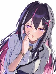 Rule 34 | 1girl, ascot, asymmetrical sidelocks, azki (4th costume) (hololive), azki (hololive), black hair, bracelet, braid, collared dress, colored inner hair, commentary request, double-parted bangs, dress, grey jacket, hair between eyes, hair intakes, hair ornament, hairclip, half-jacket, half up braid, hand up, highres, hololive, jacket, jewelry, lapels, long hair, looking at viewer, mole, mole under eye, multicolored hair, notched lapels, open mouth, pink hair, purple eyes, simple background, solo, straight-on, streaked hair, three-quarter sleeves, upper body, very long hair, virtual youtuber, white ascot, white background, white dress, white hair, you06