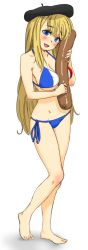 1girl barefoot beret between_breasts bikini blonde_hair blue_eyes blush breasts chloe_lemaire cleavage female_focus flag_print flag_print_bikini food france french_flag french_flag_bikini full_body girlfriend_(kari) hat highres holding kiriririn large_breasts long_hair open_mouth phallic_symbol print_bikini sausage side-tie_bikini_bottom solo striped_bikini striped_clothes swimsuit underboob vertical-striped_bikini vertical-striped_clothes very_long_hair white_background