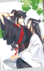 2boys adjusting_hair arm_up bishounen black_hair black_hanfu chinese_clothes chinese_commentary couple eye_contact grey_eyes hair_ribbon hanfu headband high_ponytail highres hug lan_wangji leaf long_hair long_sleeves looking_at_another male_focus modao_zushi mouth_hold multiple_boys parted_lips ponytail red_ribbon ribbon ribbon_in_mouth robe shenzhang10011 sidelocks sitting sitting_on_lap sitting_on_person sketch smile topknot tree very_long_hair wei_wuxian white_hanfu white_headband wide_sleeves xiao_guan_(headdress) yaoi yellow_eyes