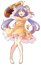 1girl bare_shoulders barefoot dairi defeat dress low_twintails pigeon-toed purple_eyes purple_hair shining_needle_castle solo tachi-e torn_clothes torn_dress touhou tsukumo_benben twintails yellow_dress