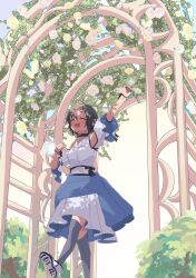 absurdres antenna_hair black_hair black_thighhighs black_trim bracelet closed_eyes detached_sleeves garden highres idolmaster idolmaster_(classic) jewelry kikuchi_makoto long_skirt open_mouth outstretched_arm parted_bangs shirt shoes skirt smile suyuri_oekaki thighhighs white_shirt white_shoes white_skirt