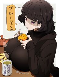 Rule 34 | 1girl, absurdres, black hair, black jacket, black sweater, blunt bangs, breast rest, breasts, cup, food, fruit, goumonsha, green tea, highres, huge breasts, jacket, kotatsu, kurokirishima yui (goumonsha), long sleeves, mandarin orange, musical note, orange peel, original, peeling, purple eyes, short hair, solo, spoken musical note, steam, steaming cup, sweater, table, tea, teapot, yunomi