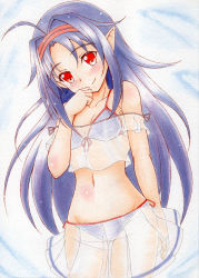 1girl ahoge bare_shoulders bikini blush breasts hairband looking_at_viewer navel official_alternate_costume parted_bangs pointy_ears purple_hair red_eyes red_hairband see-through_clothes small_breasts smile solo swimsuit sword_art_online takappe yuuki_(sao)
