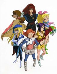 1980s_(style) 6+girls bad_source beret blue_eyes boots breasts brown_hair cape character_request closed_mouth cowboy_bebop crossed_arms faye_valentine full_body gaw_ha_leccee gear_senshi_dendou gloves hair_ornament hairband hairclip hat holding jewelry juusenki_l-gaim kamikita_keiko long_hair looking_at_viewer mask medium_breasts multiple_girls muteki_choujin_zambot_3 navel oldschool orange_hair overman_king_gainer red_hair retro_artstyle sara_kodama sentou_mecha_xabungle short_hair simple_background small_breasts smile standing thighhighs vega_(dendoh) white_background white_gloves yoshida_ken&#039;ichi